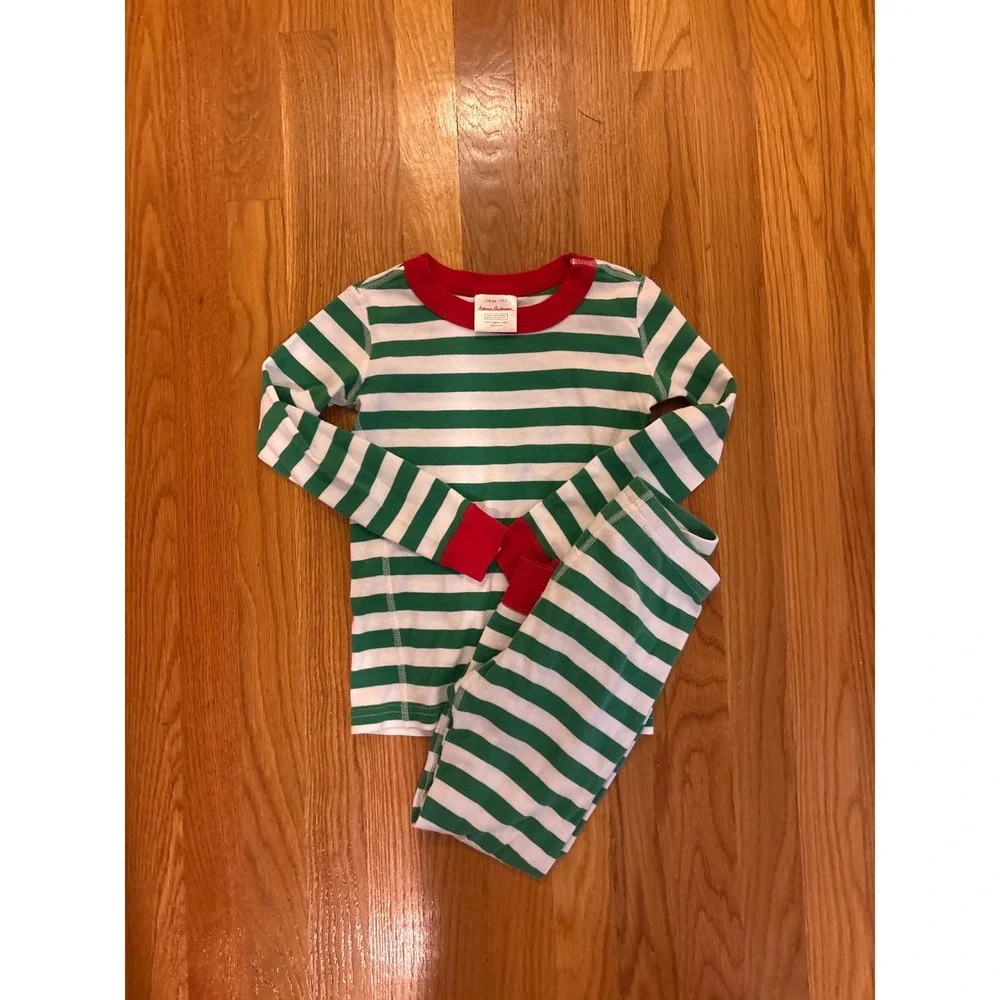 Hanna Andersson Kids Pajama Set Green White Striped Organic Cotton US 5 110cm